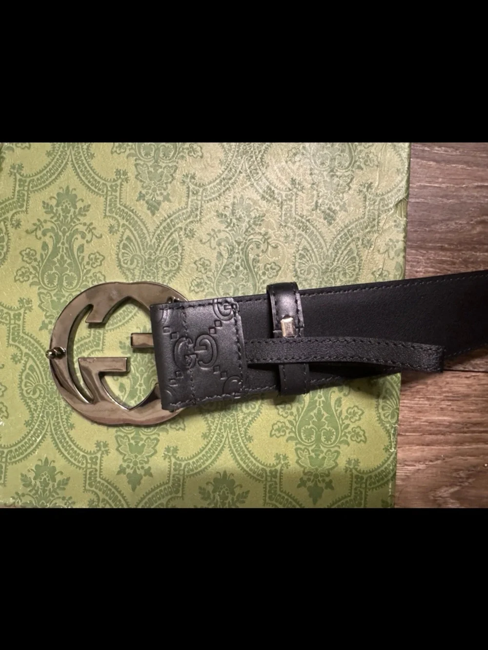 Gucci Black Embossed Leather Belt with Interlocking GG Buckle